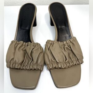 Closed Leather Ruched Mules 3” Block Heel Open Toe Sandals, size 41 (US 9.5)